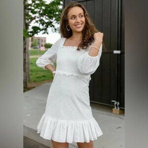NWT $398 Veronica Beard Denise Dress White Eyelet Smocked Mini 2 Ruffle Hem